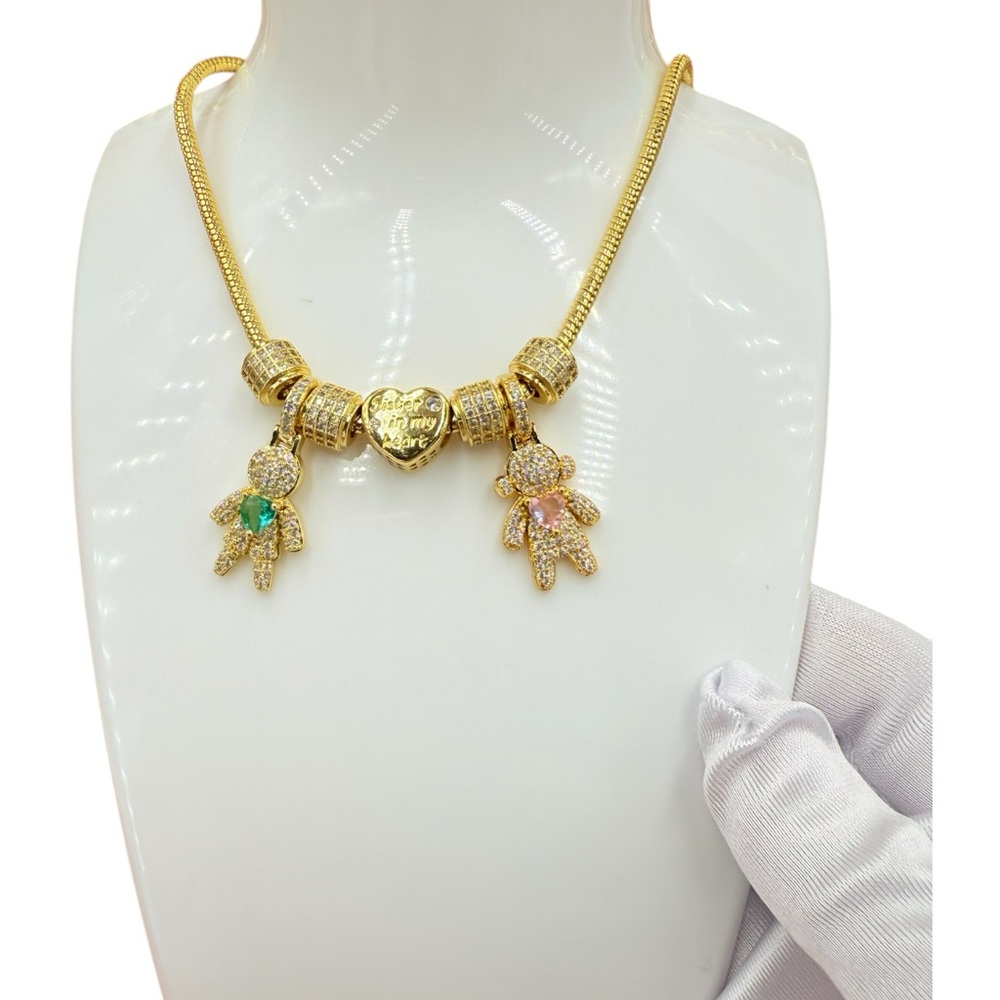 Gold 18k Plated Necklace with Boy and Girl Charms, 17-Inch Necklace,